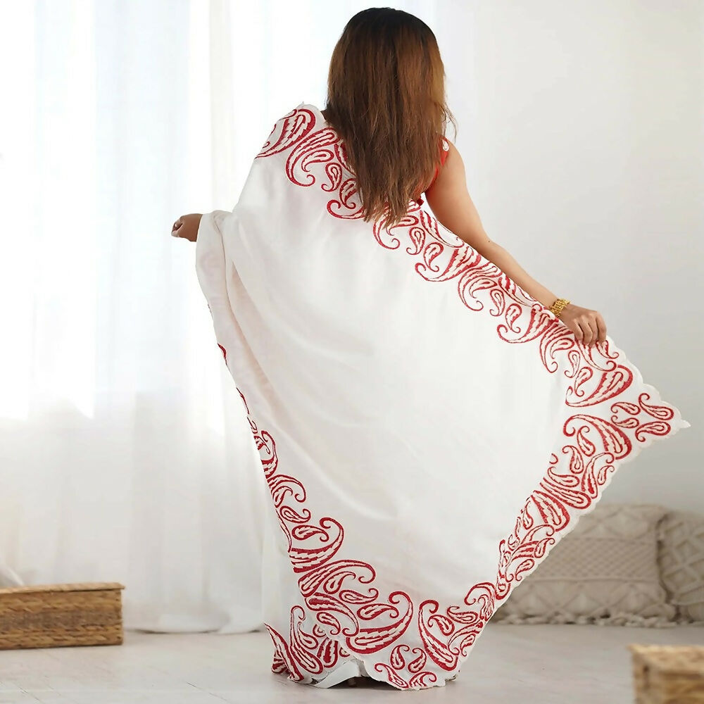 Off White & Red Silk Blend Saree with Embroidered Scalloped Border