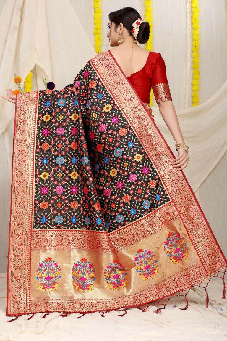Black Patola Silk Saree with Maroon Blouse and Zari Woven Details