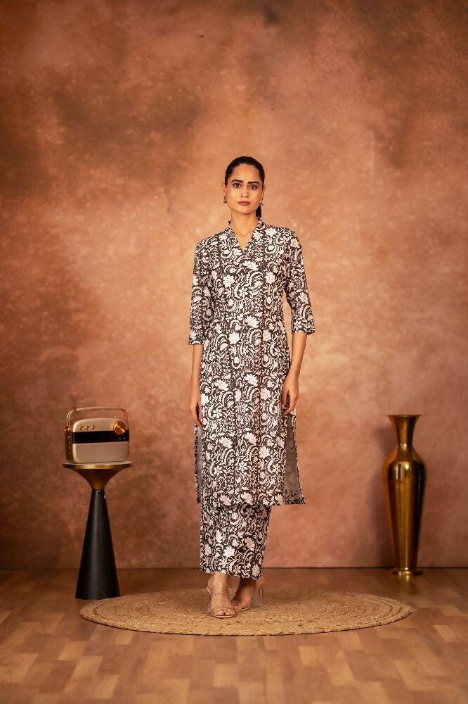 Black Floral Hand Block Printed Cotton Kurta and Pant Set