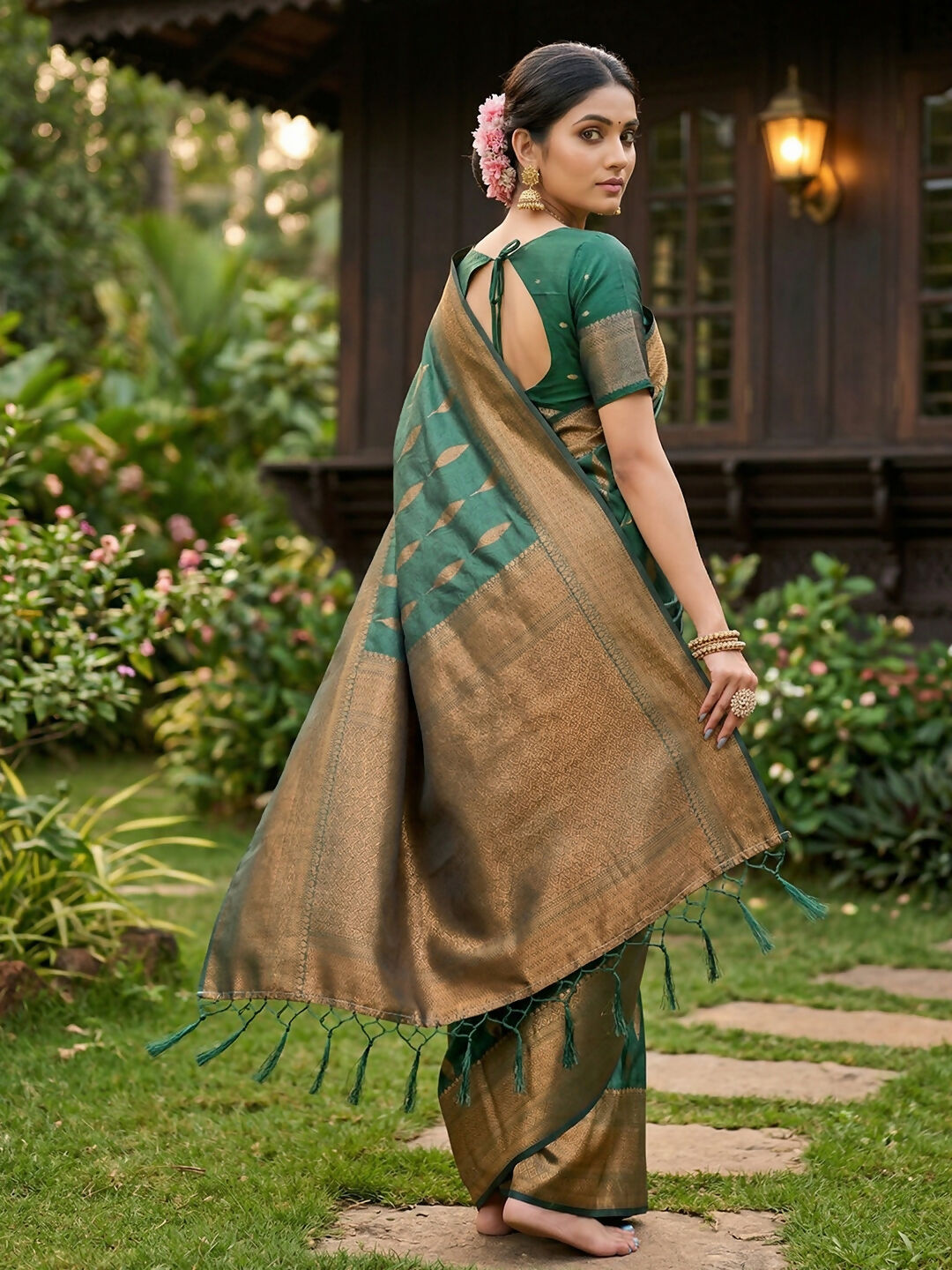 Green Silk Blend Saree with Matching Blouse Piece