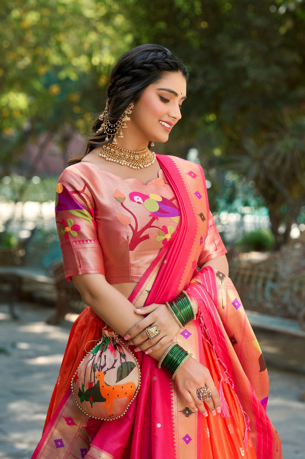 Red Paithani Lehenga Choli Set in Jacquard Silk for Festive Wear