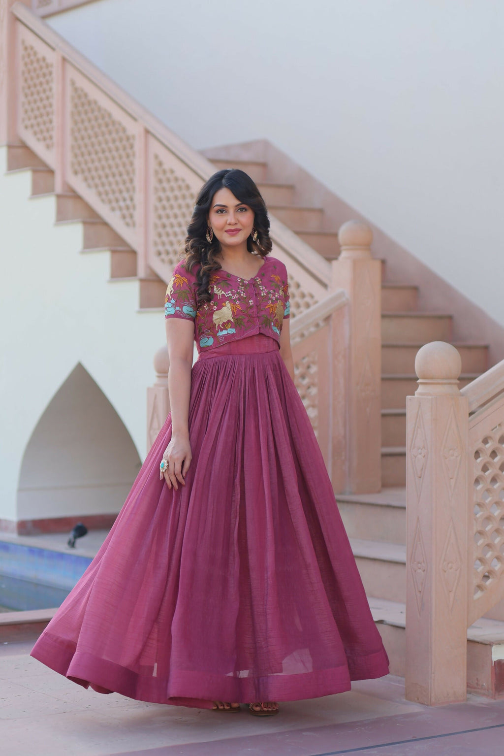 Pink Crunchy Fabric Kurta Set with Sequence Embroidery