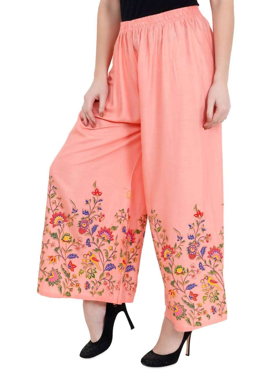 Peach Floral Print Wide Leg Palazzo Pants - Soft Rayon Fabric