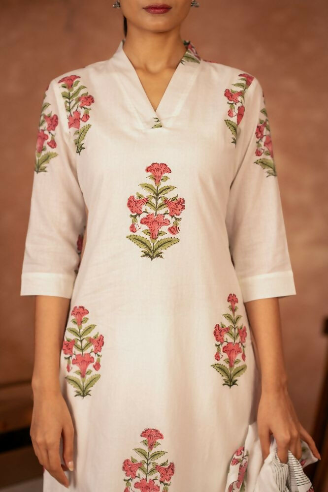 Off White and Pink Hand Block Printed Cotton Suit Set