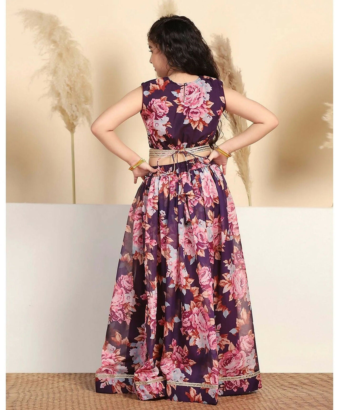 Girl's Wine Tabby Silk Lehenga Choli for Wedding Guest Style