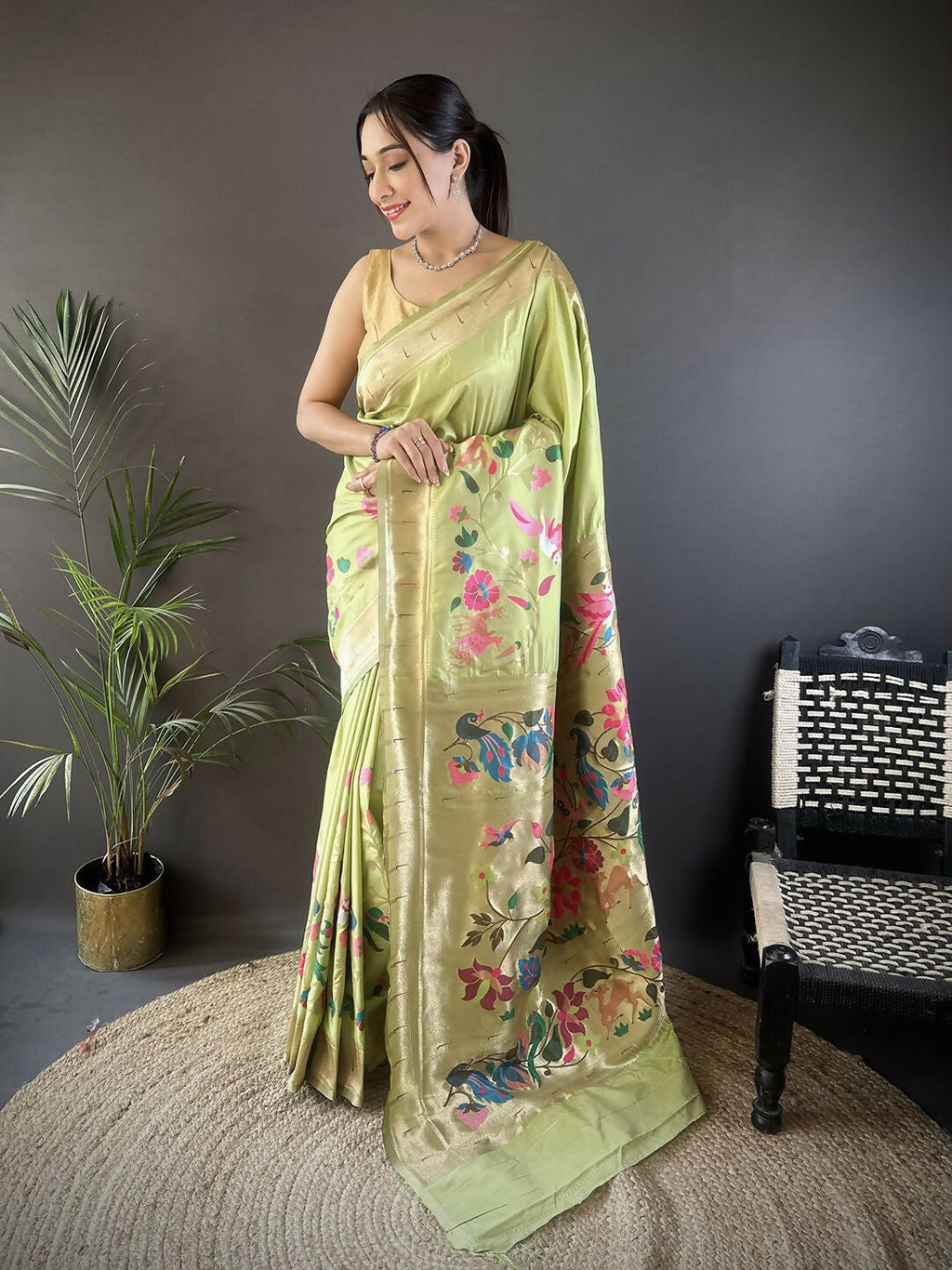 Pista Green floral Paithani saree in soft silk with matching unstitched blouse piece