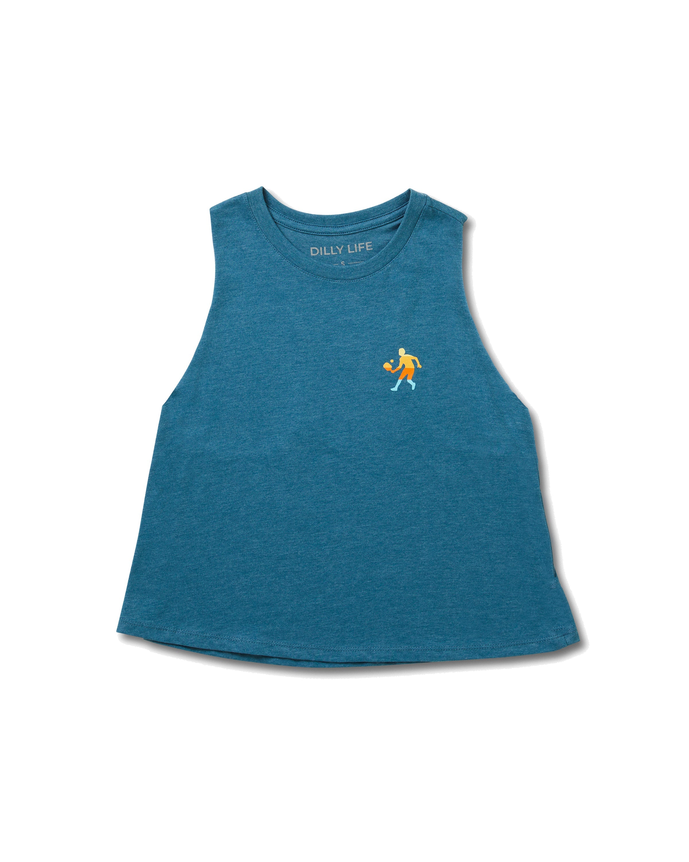 A woman wearing a teal blue racerback cropped tank top while playing pickleball on a court.