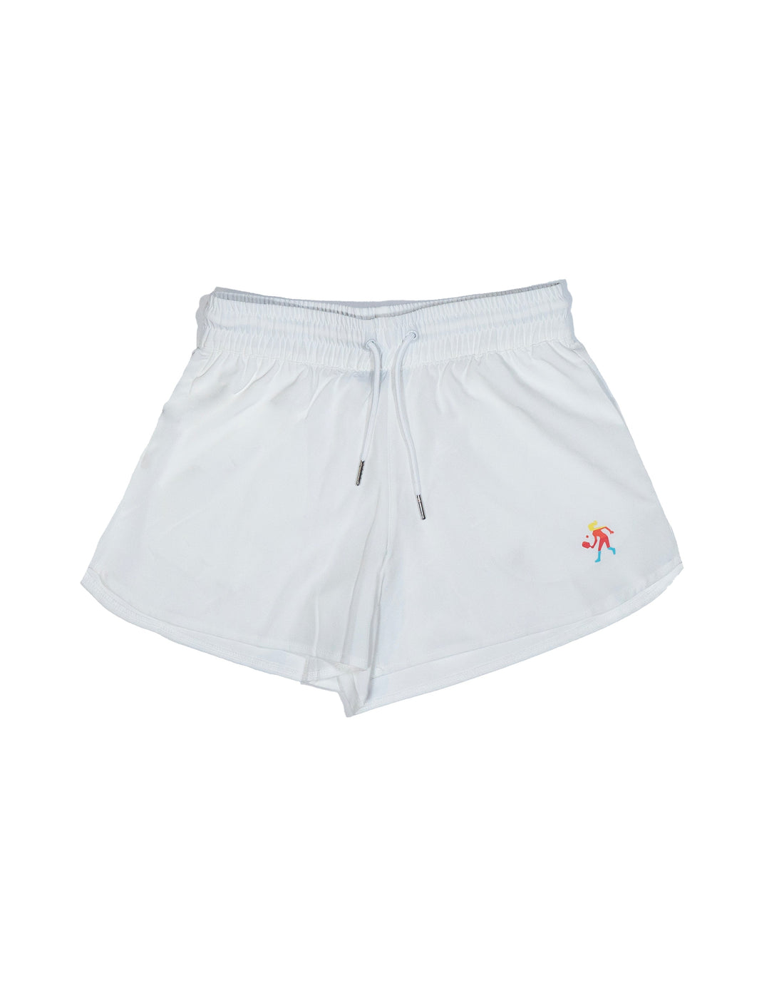 Women wearing high-waisted pickleball athletic shorts with side pockets on a tennis court