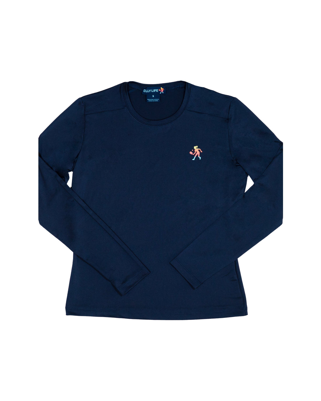 Women's performance long sleeve crewneck shirt with pickleball player logo, available in navy and white