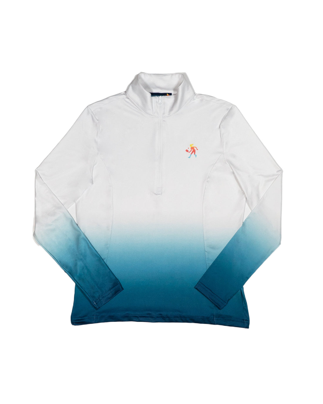 Women's white to blue dip dye performance 1/4 zip pullover with pickleball logo