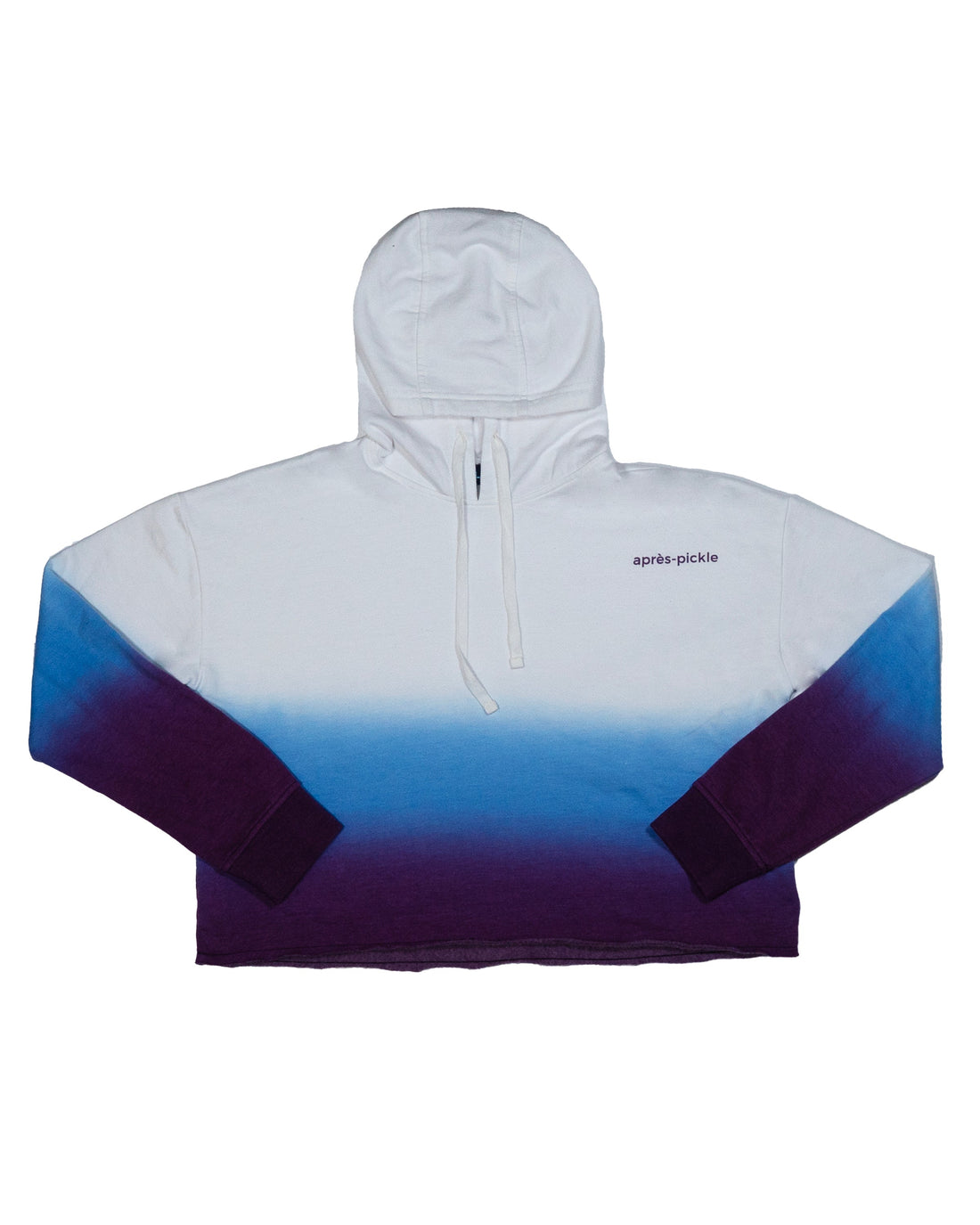 Women's dip dye hooded sweatshirt in various color gradients featuring front logo