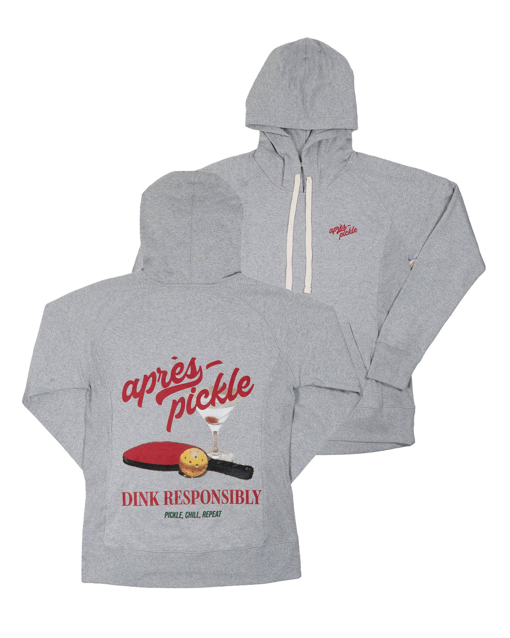 Women's recycled fleece hoodie in heather grey and navy blue featuring Dink Responsibly pickleball graphic on the back