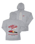 Women's recycled fleece hoodie in heather grey and navy blue featuring Dink Responsibly pickleball graphic on the back