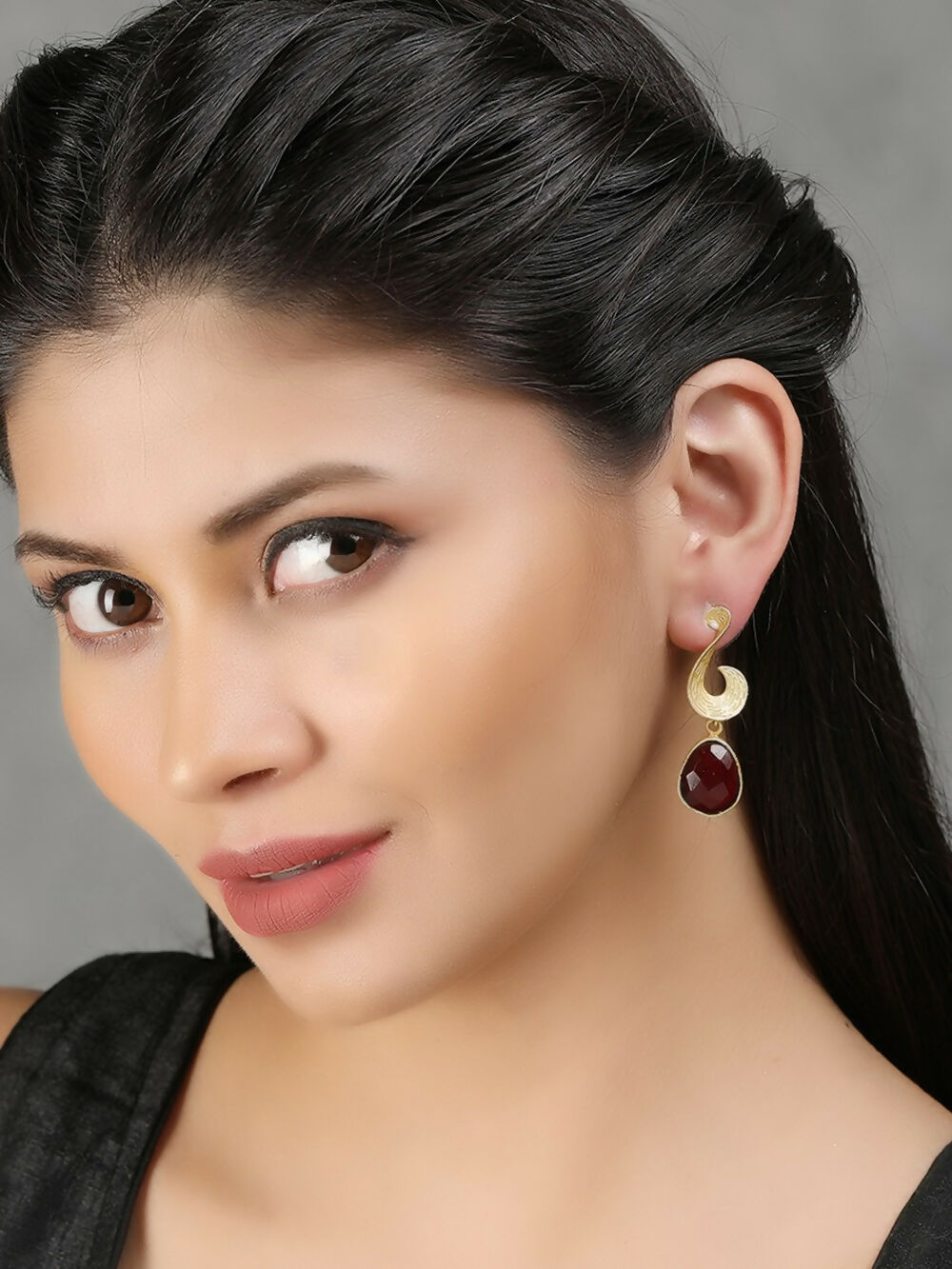 Matte Gold Drop Earrings with Red Stone Accent