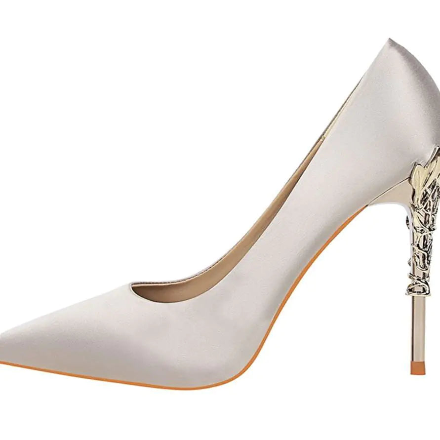 Women's White Satin Pointed High Heels - Elegant