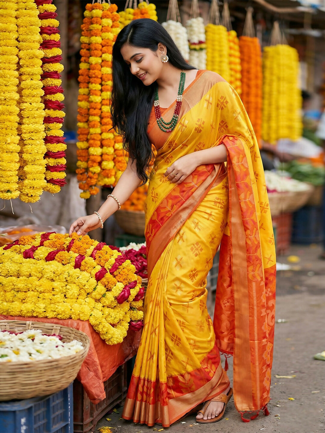 Yellow Pochampally Silk Saree with Matching Blouse Piece