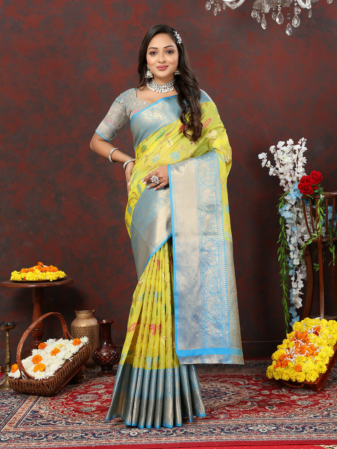 Yellow Cotton Saree with Traditional Zari Meenakari Weaving