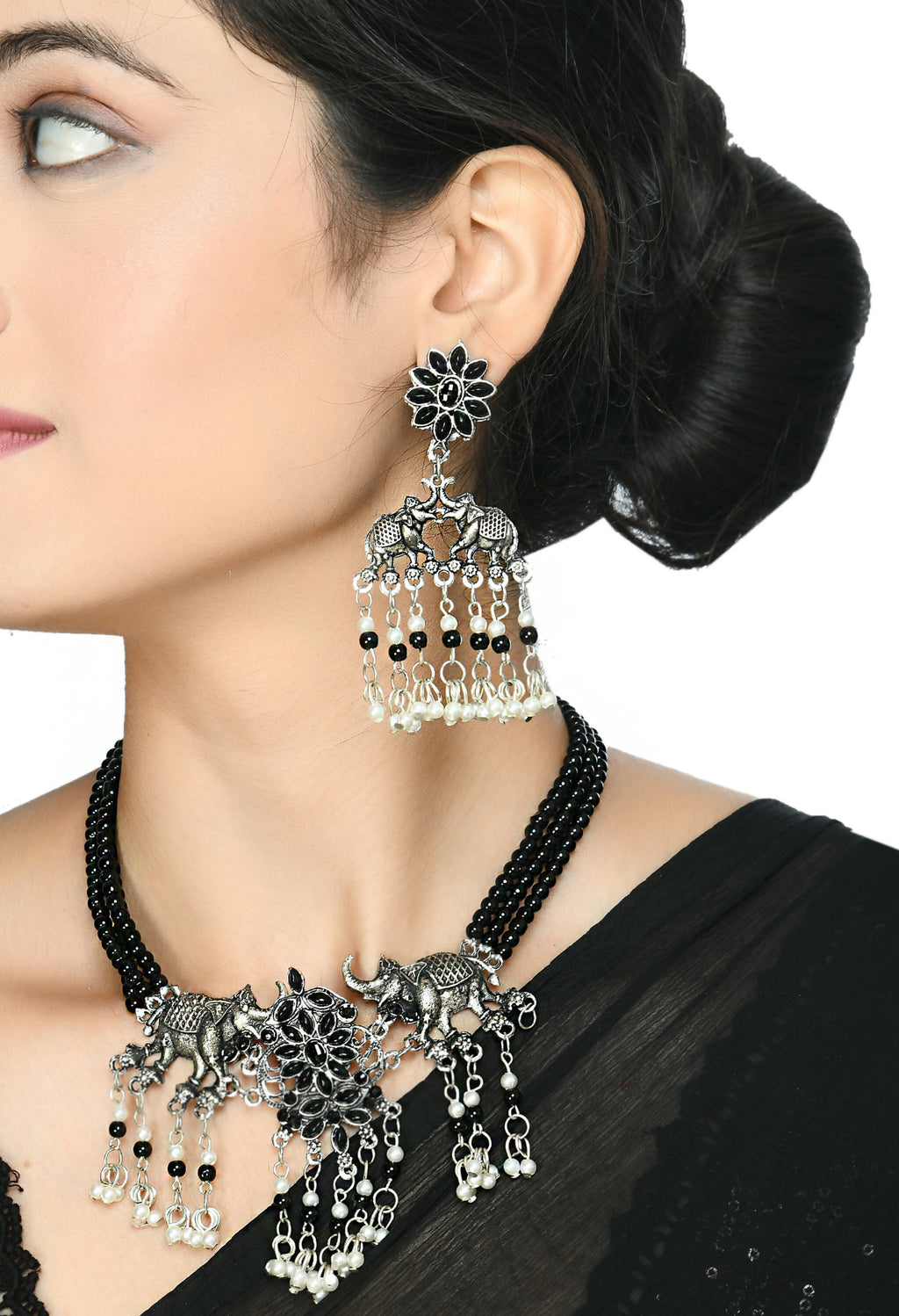 Elephant Design Oxidised Silver-Plated Long Choker (Black)