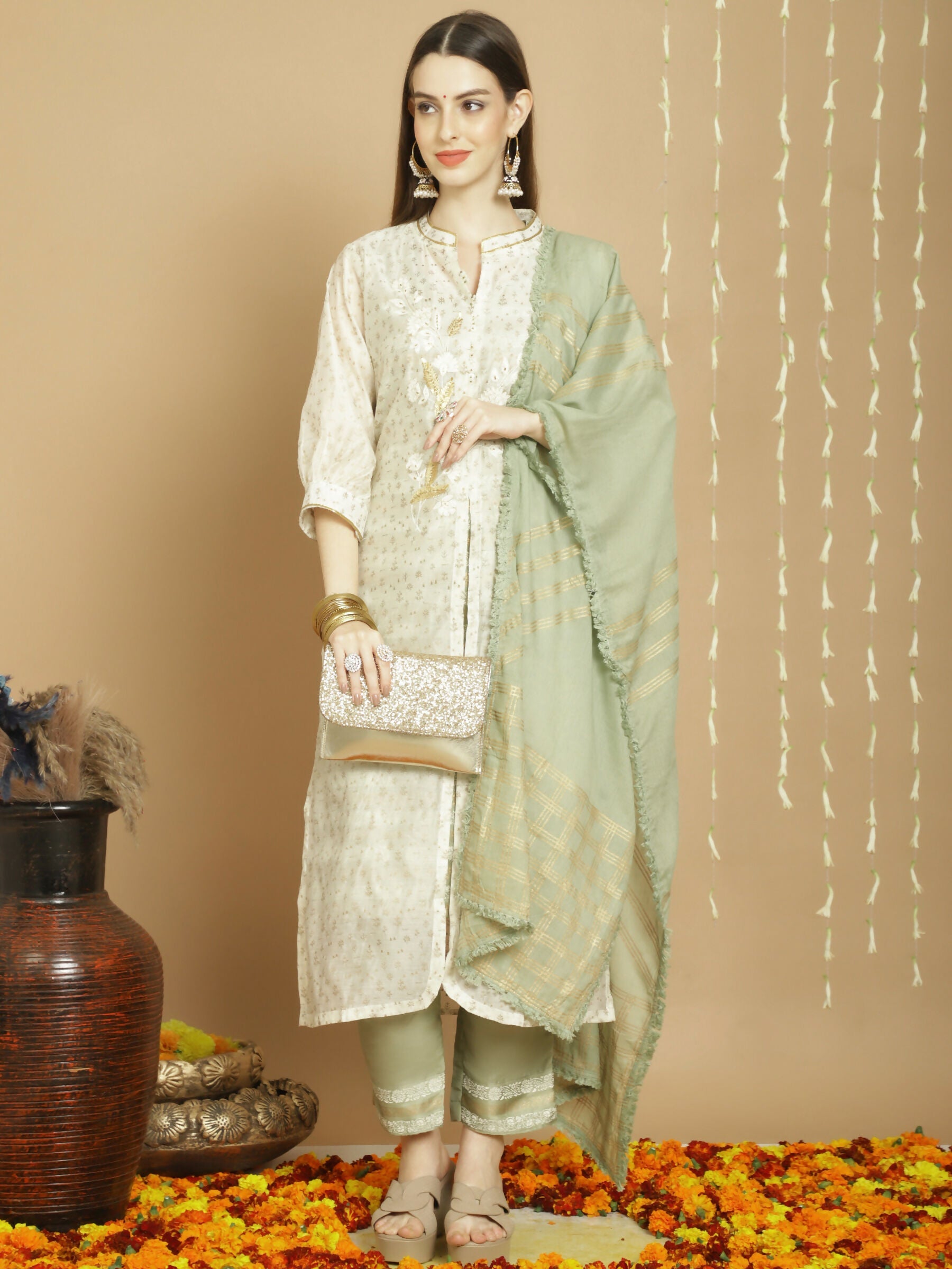 Off White Chanderi Silk A-Line Kurta Set with Jardoshi & Trousers