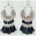 Black silk thread Chandbali earrings with glass pearls and oxidized silver finish.