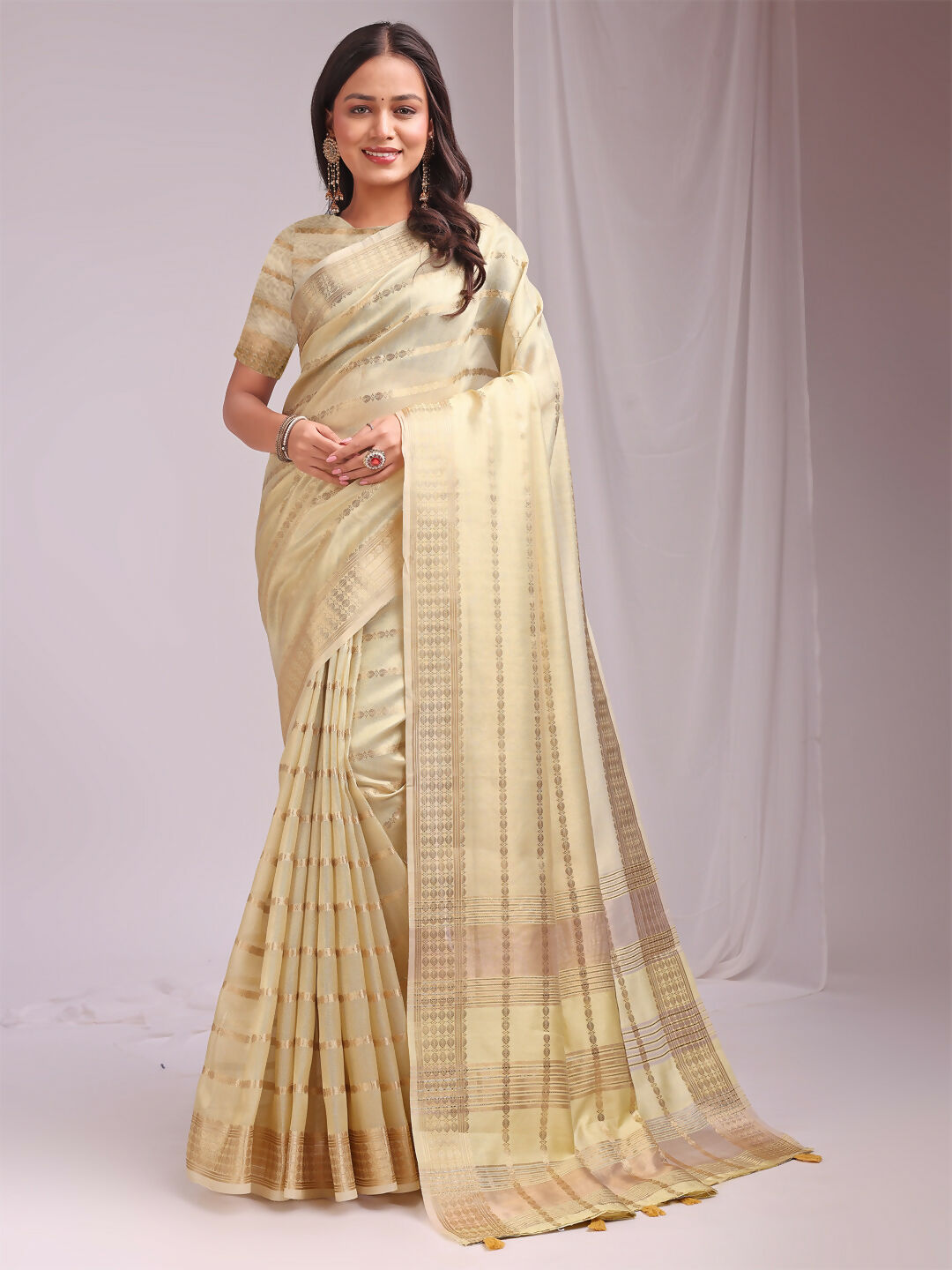 Gold Organza Saree with Contrast Yellow Blouse
