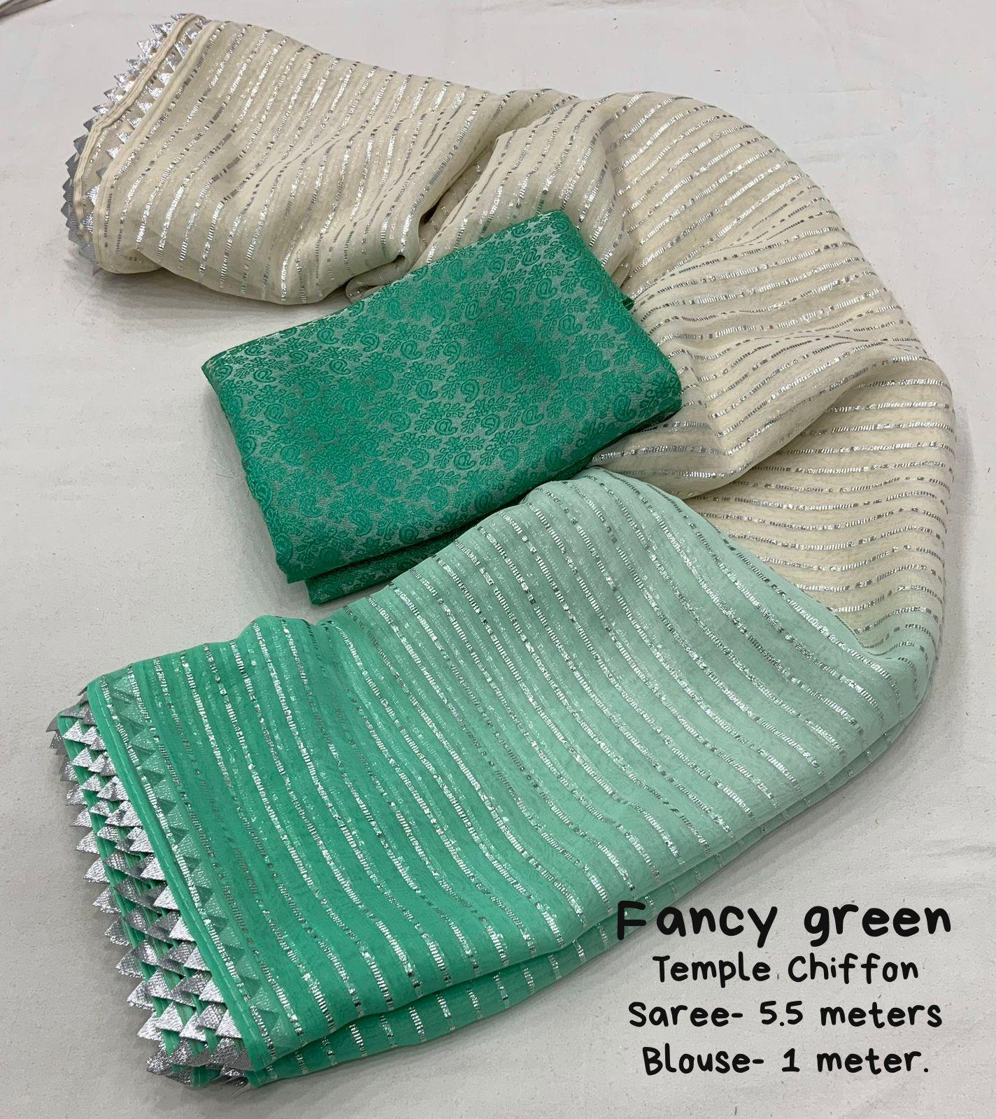 Green Poly Chiffon Striped Saree with Unstitched Blouse - Hiral Fashion