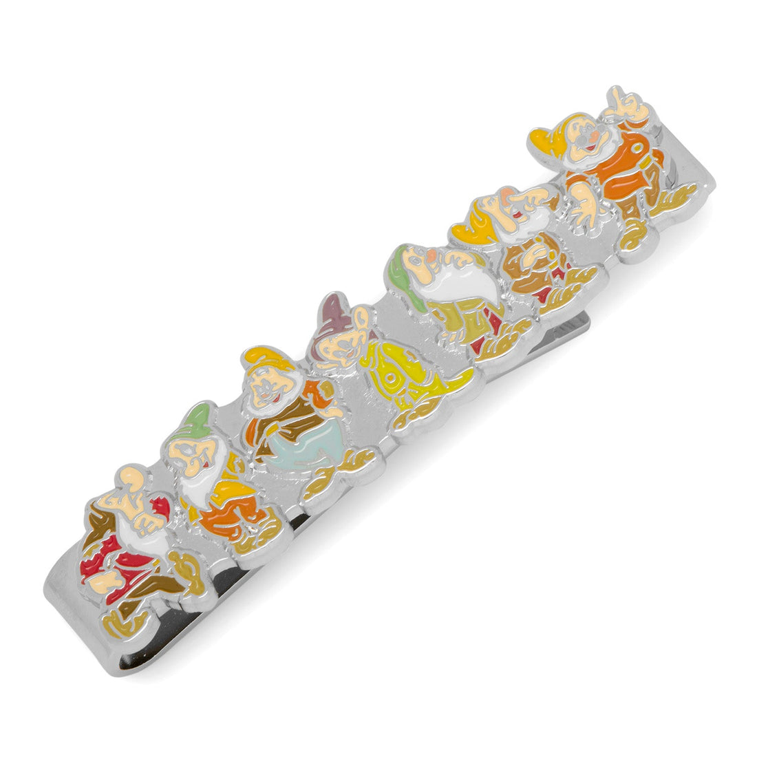 Close up view of a silver tone tie bar featuring colorful enamel illustrations of all seven dwarfs from Disney's Snow White.