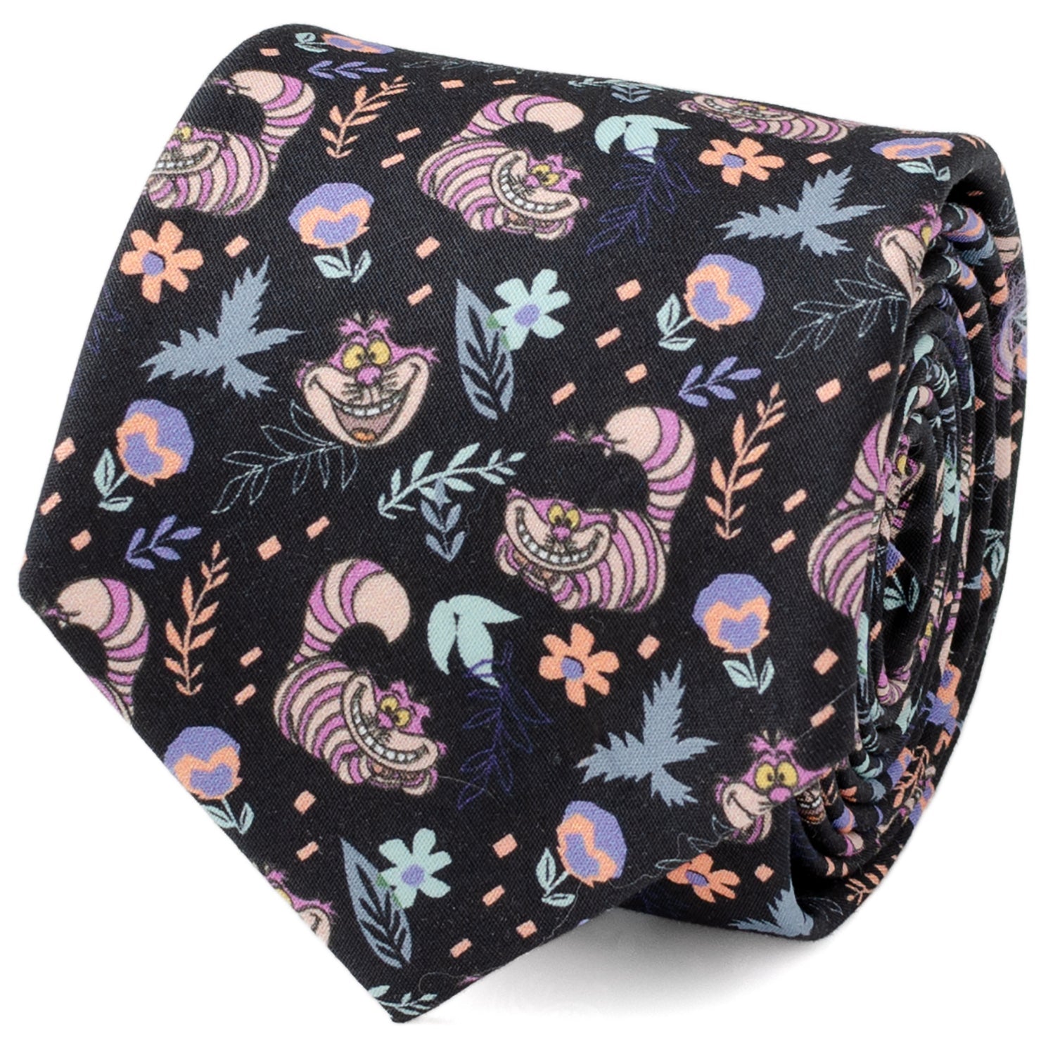 Close up of a black necktie with a repeating Cheshire Cat and floral pattern from Disney's Alice in Wonderland