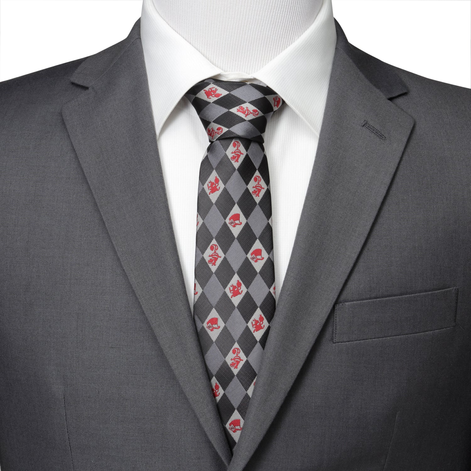 Alice in Wonderland Argyle Necktie for Men Gray and Red - Image 2