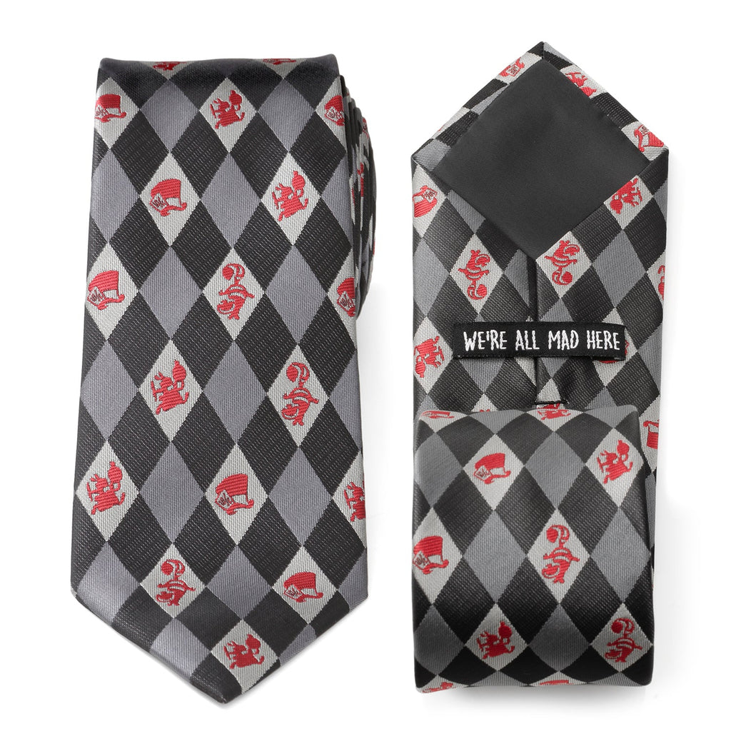 A gray argyle necktie featuring red stitched characters from Alice in Wonderland, including the Cheshire Cat and Mad Hatter.
