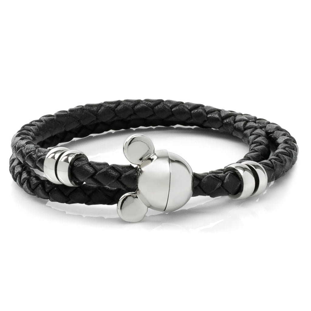 Braided black leather double wrap bracelet with silver-tone Mickey Mouse head magnetic clasp