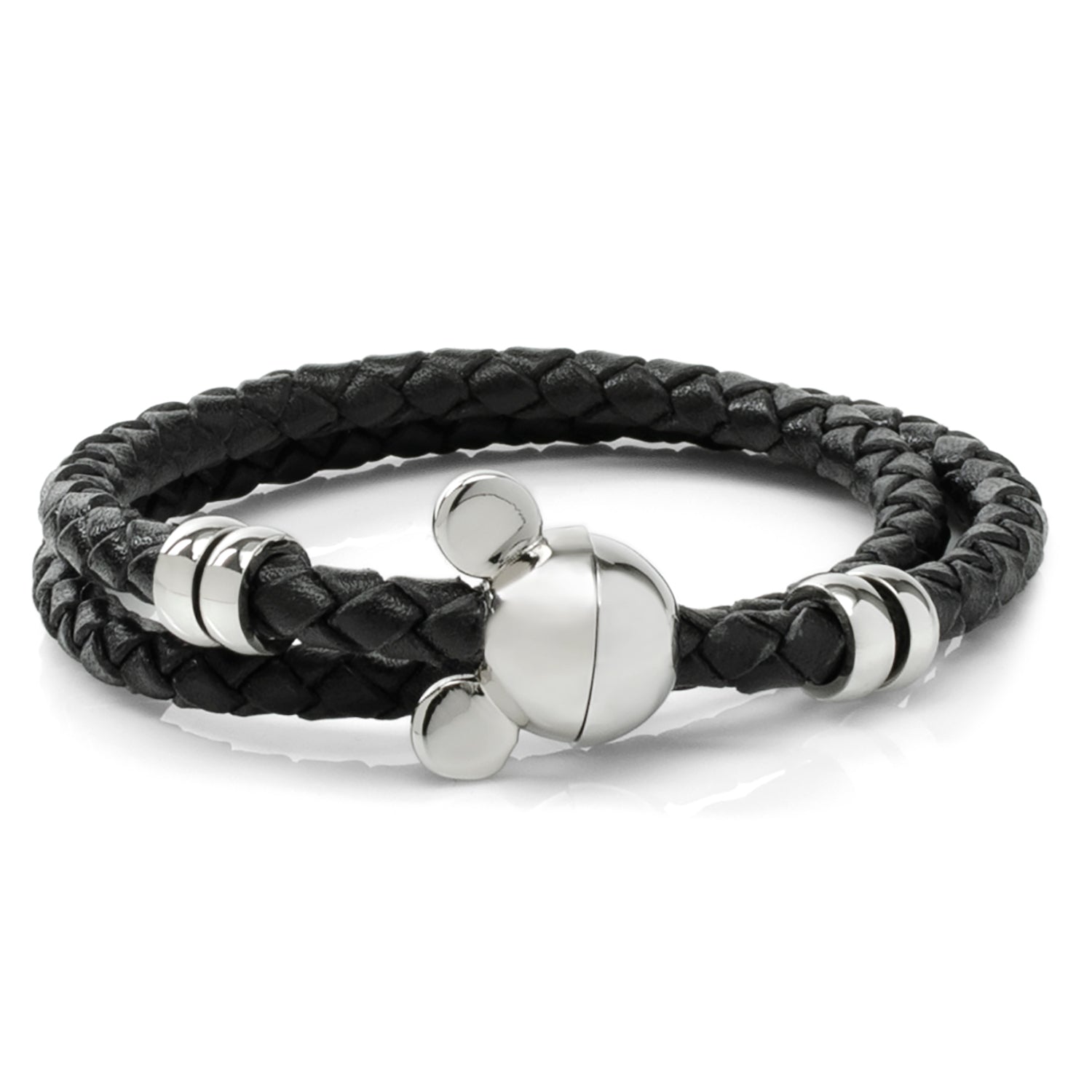 Braided black leather double wrap bracelet with silver-tone Mickey Mouse head magnetic clasp