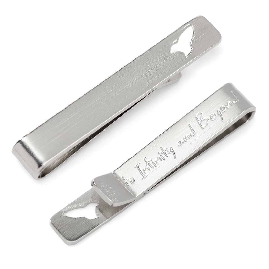 Silver tie bar featuring a cutout of a Buzz Lightyear rocket ship with the engraved text To Infinity and Beyond