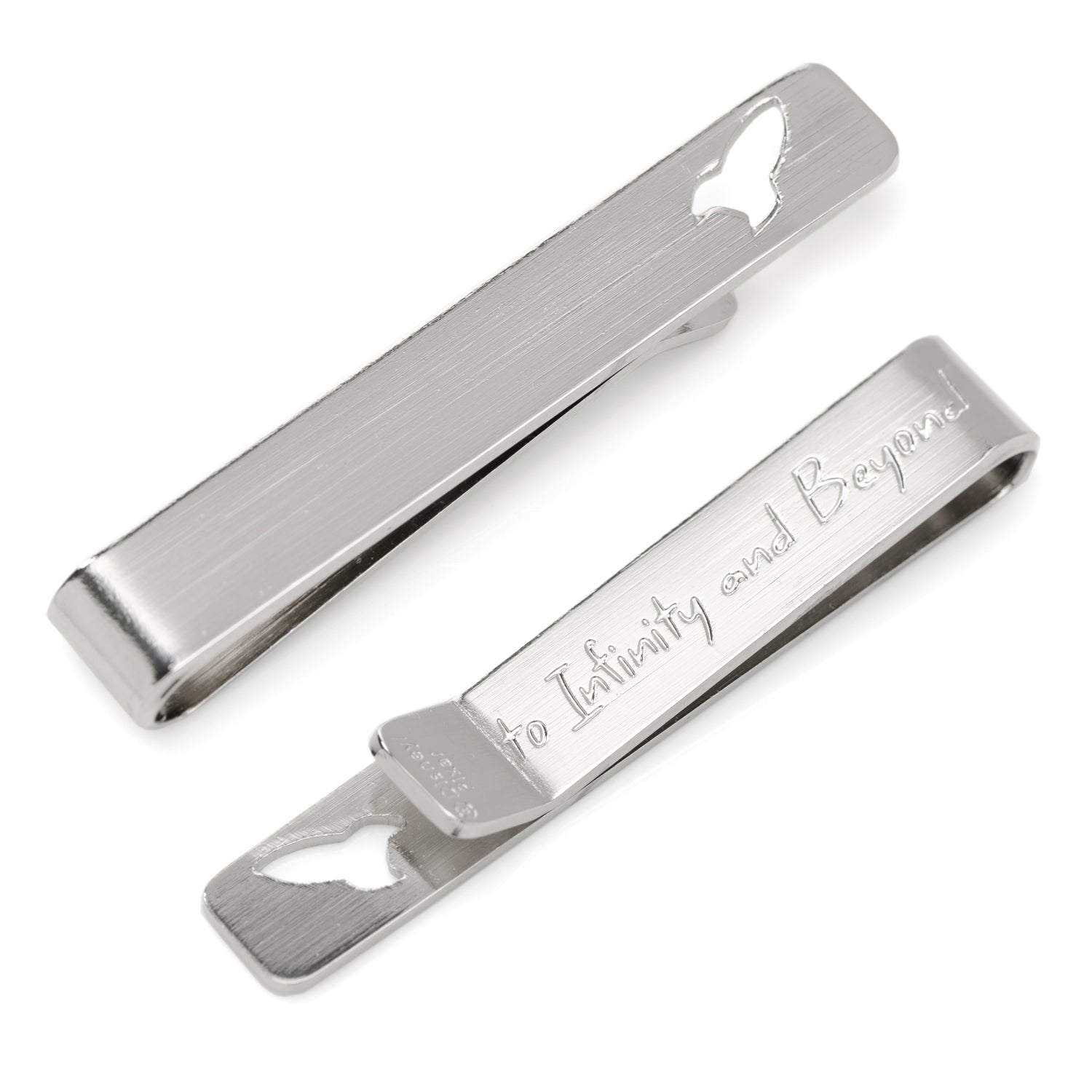 Silver tie bar featuring a cutout of a Buzz Lightyear rocket ship with the engraved text To Infinity and Beyond