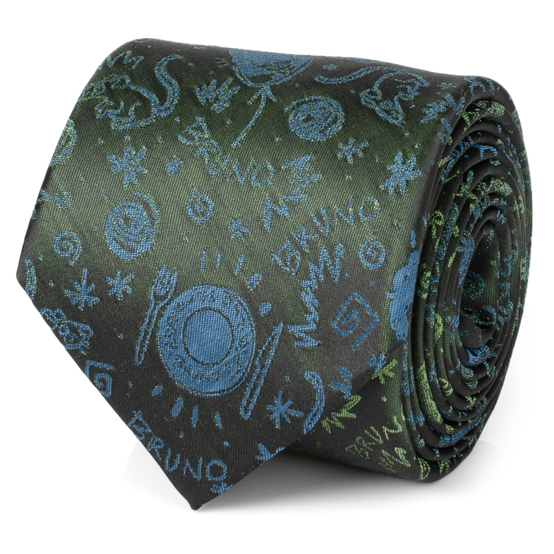 A close-up shot of a black silk necktie with iridescent green and blue Encanto Bruno patterns, displayed on a suit and shirt.