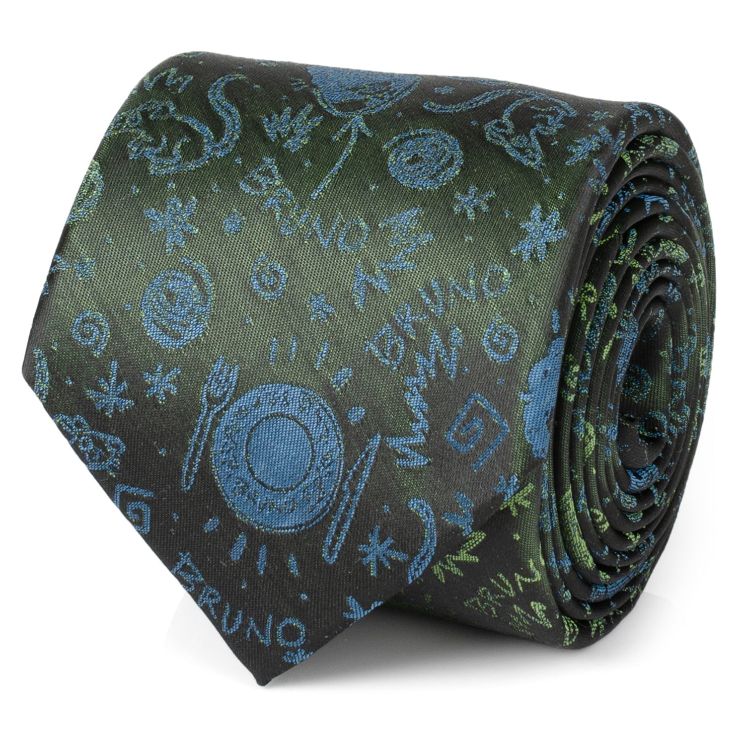 A close-up shot of a black silk necktie with iridescent green and blue Encanto Bruno patterns, displayed on a suit and shirt.