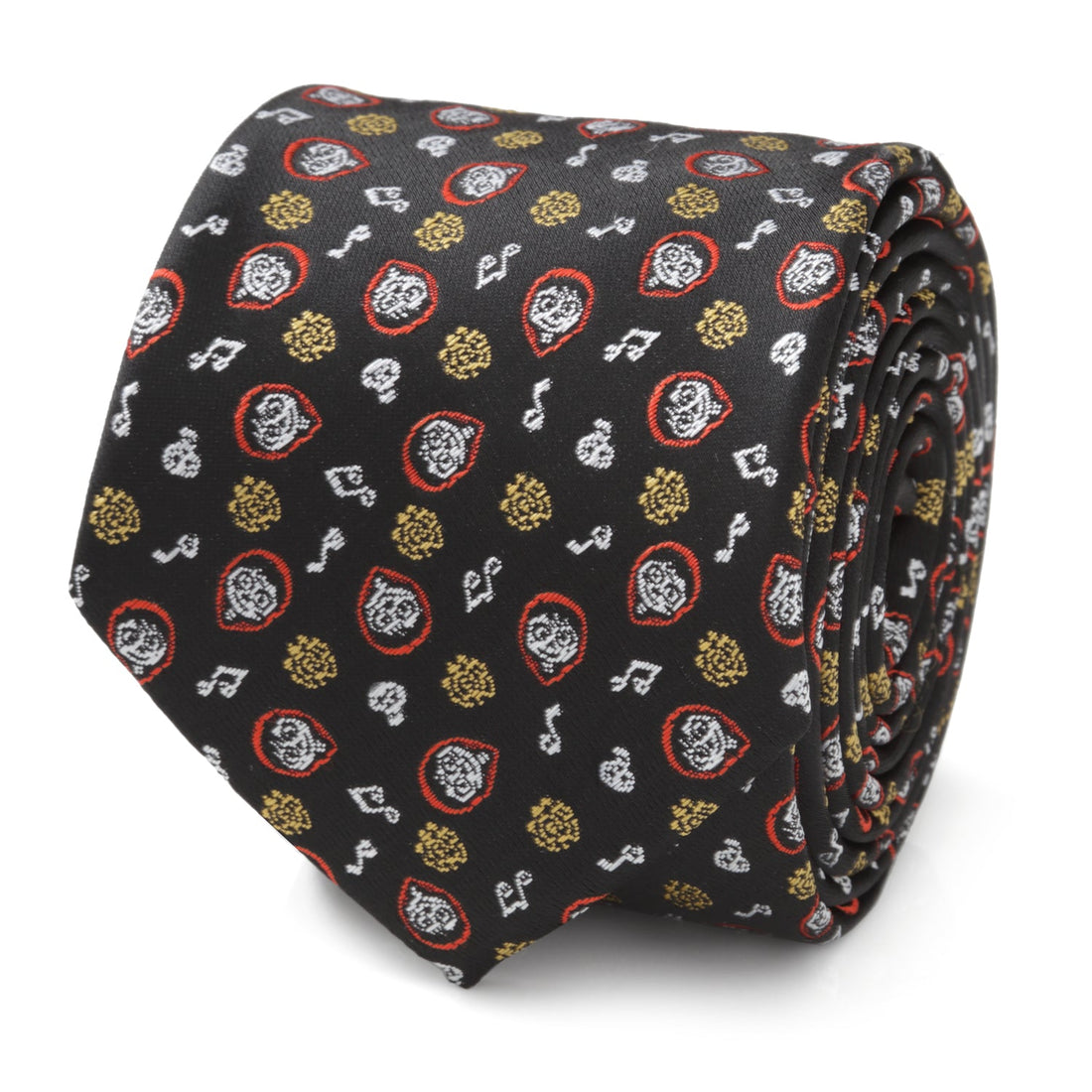 Close up of a black necktie featuring a repeating pattern of Disney Pixar Coco characters and music notes
