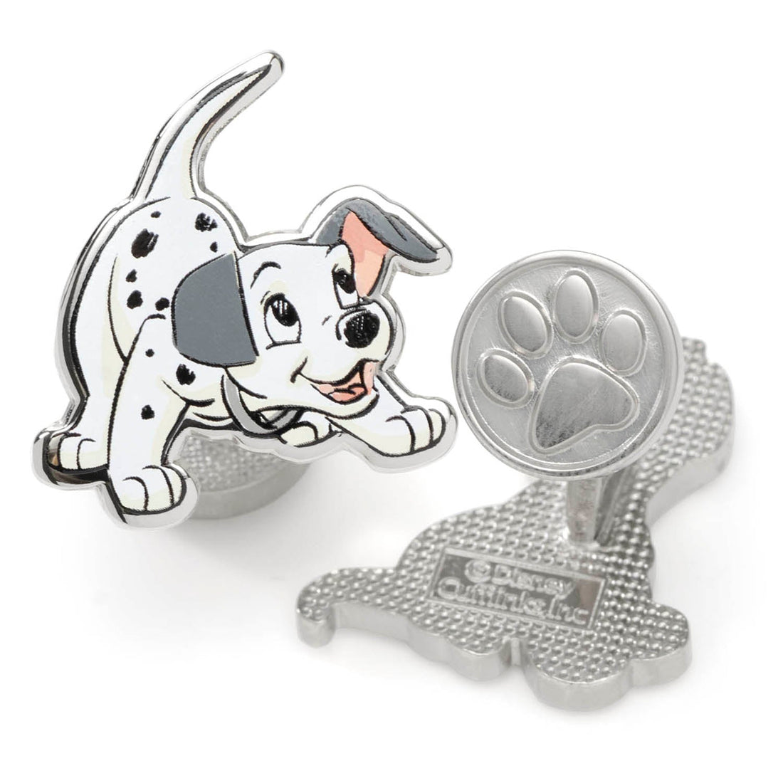 A pair of Disney 101 Dalmatians themed cufflinks featuring puppy illustrations with silver tone finish and paw print detailing.