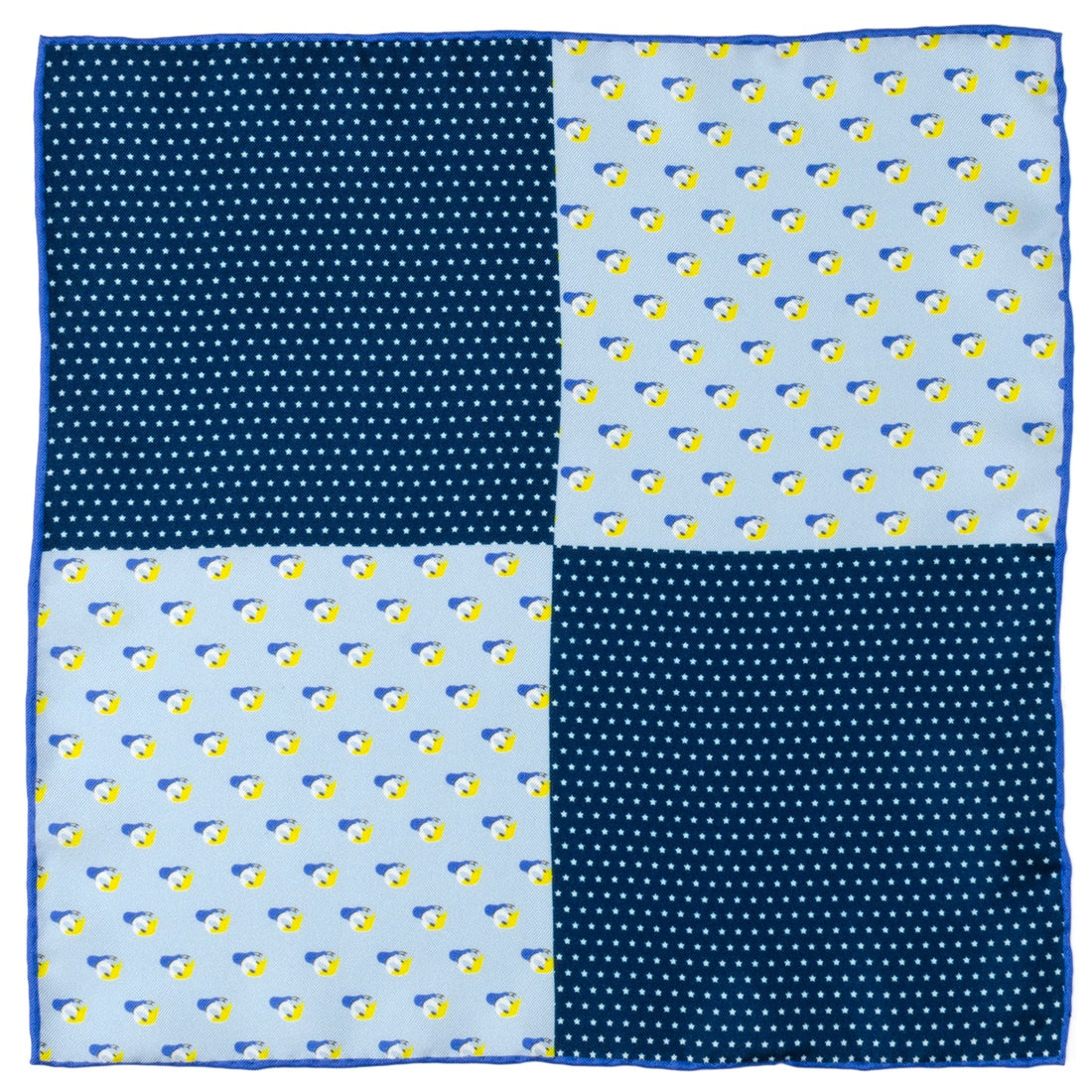 Folded Disney Donald Duck silk pocket square showing light blue Donald Duck pattern and navy blue star pattern