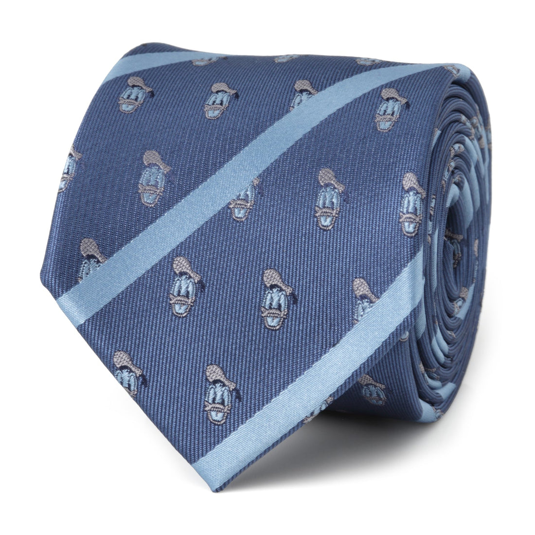 A navy blue striped necktie with a repeating Donald Duck pattern on a white background