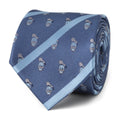 A navy blue striped necktie with a repeating Donald Duck pattern on a white background