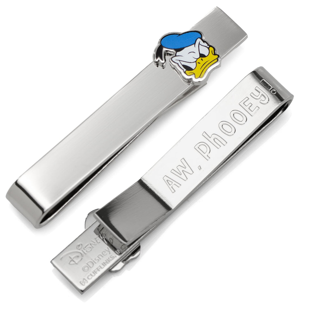 Silver plated Donald Duck tie bar featuring a colorful Donald Duck head applique and a hidden engraving on the back.
