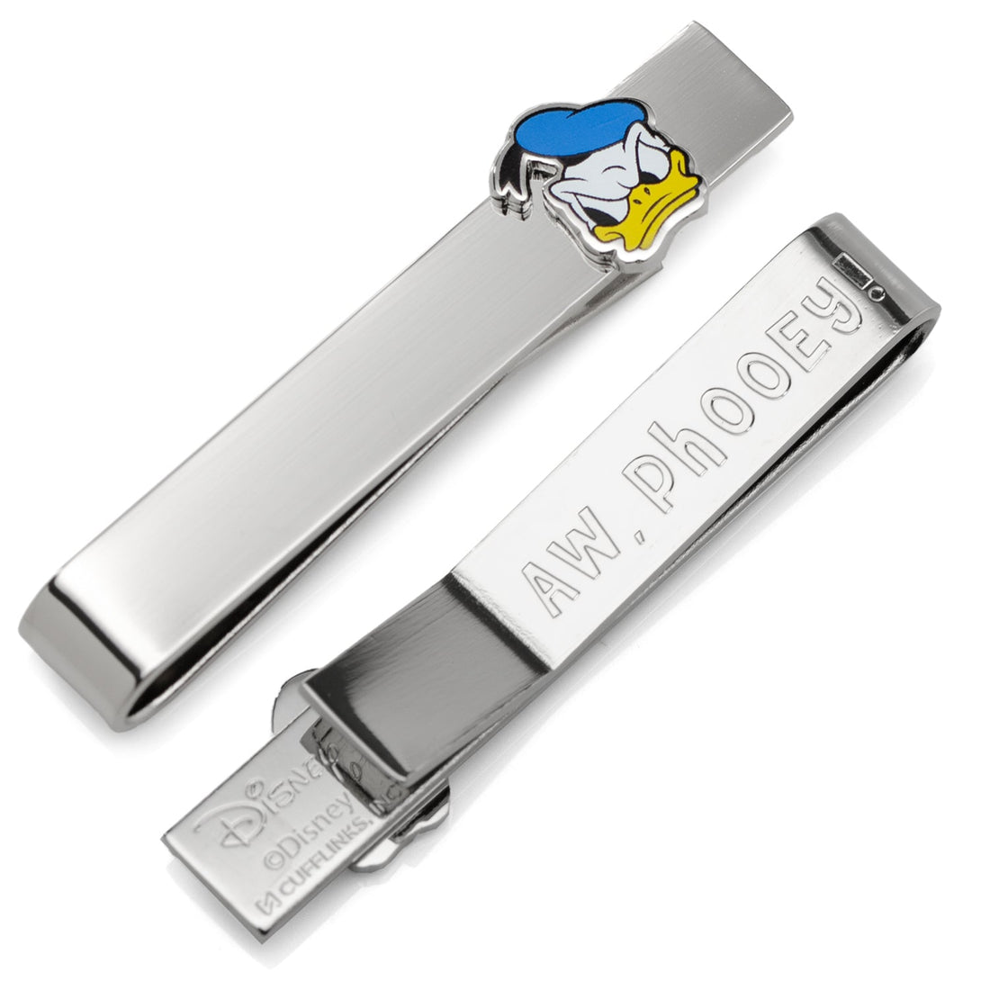 Silver plated Donald Duck tie bar featuring a colorful Donald Duck head applique and a hidden engraving on the back.