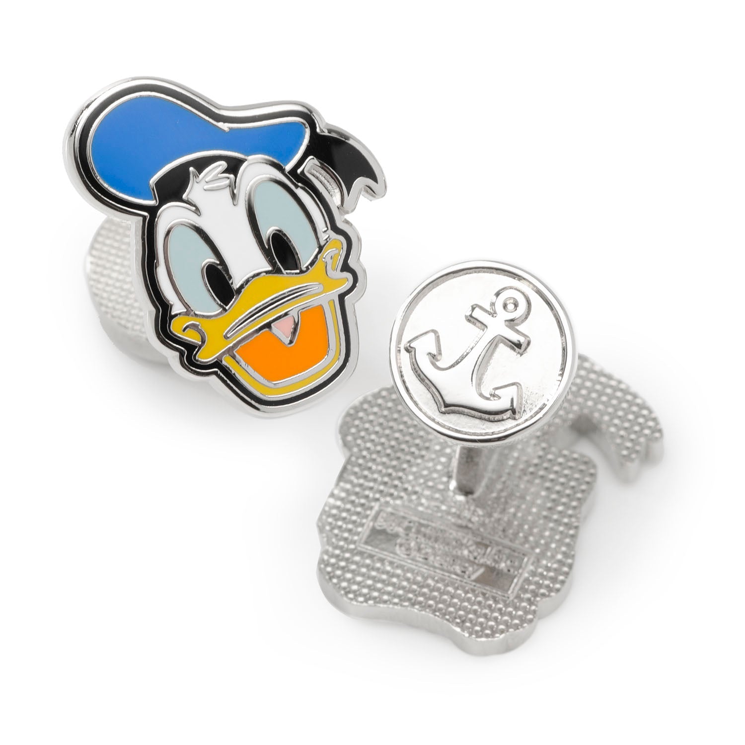 A pair of Disney Donald Duck cufflinks showing two different facial expressions with blue, white, yellow, and orange enamel details on a silver-tone metal base.