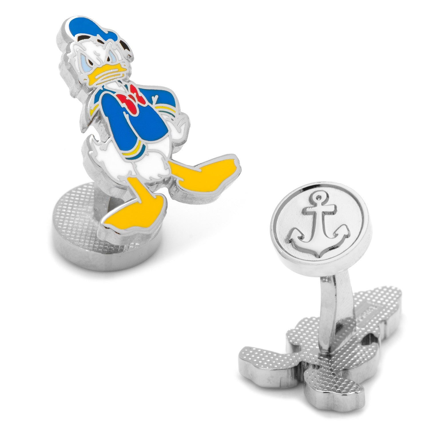 Close up of Disney Donald Duck cufflinks featuring enamel color detailing and an anchor embossed fixed backing.