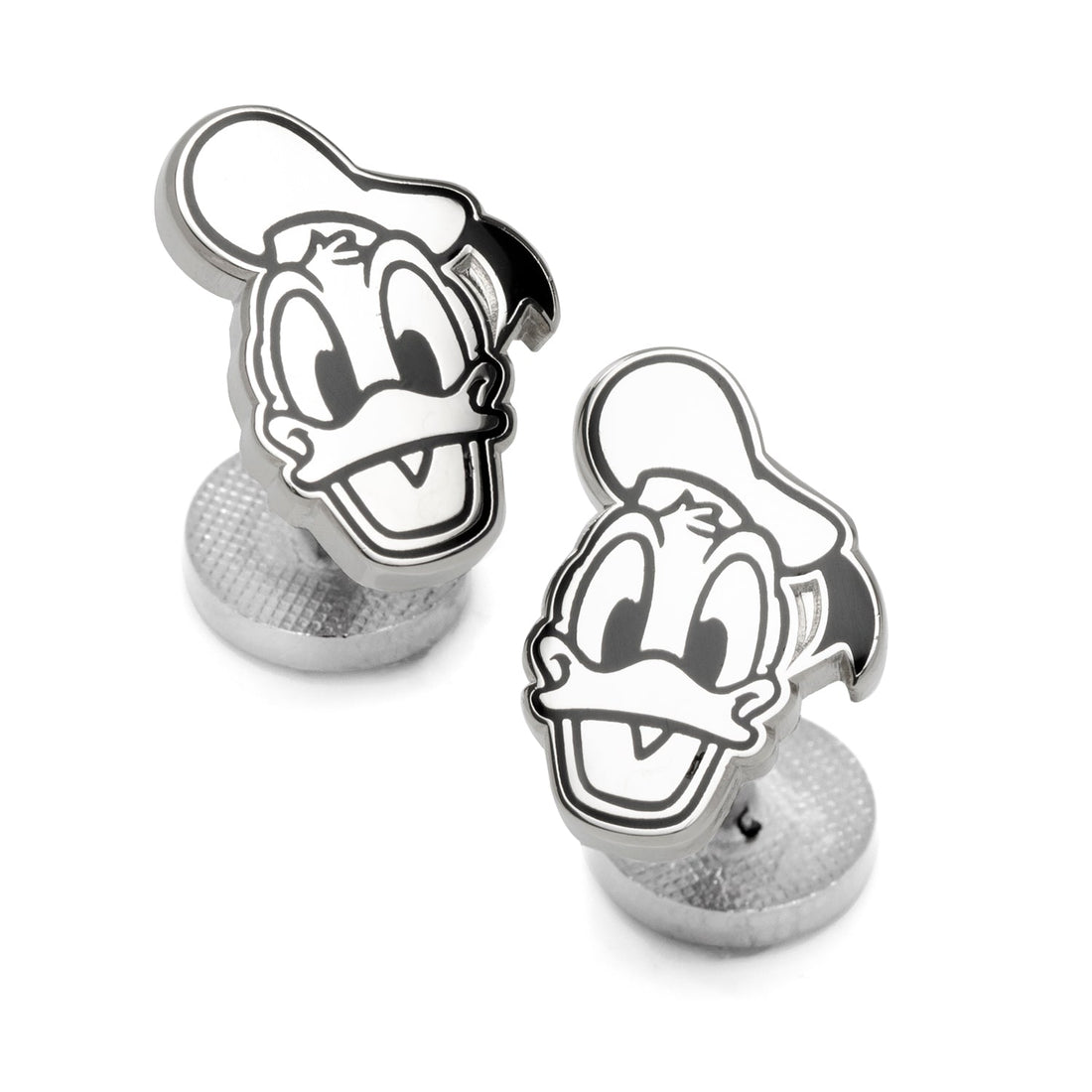Silver-toned Disney Donald Duck face cufflinks showing a cartoon character front and an anchor logo on the backing.