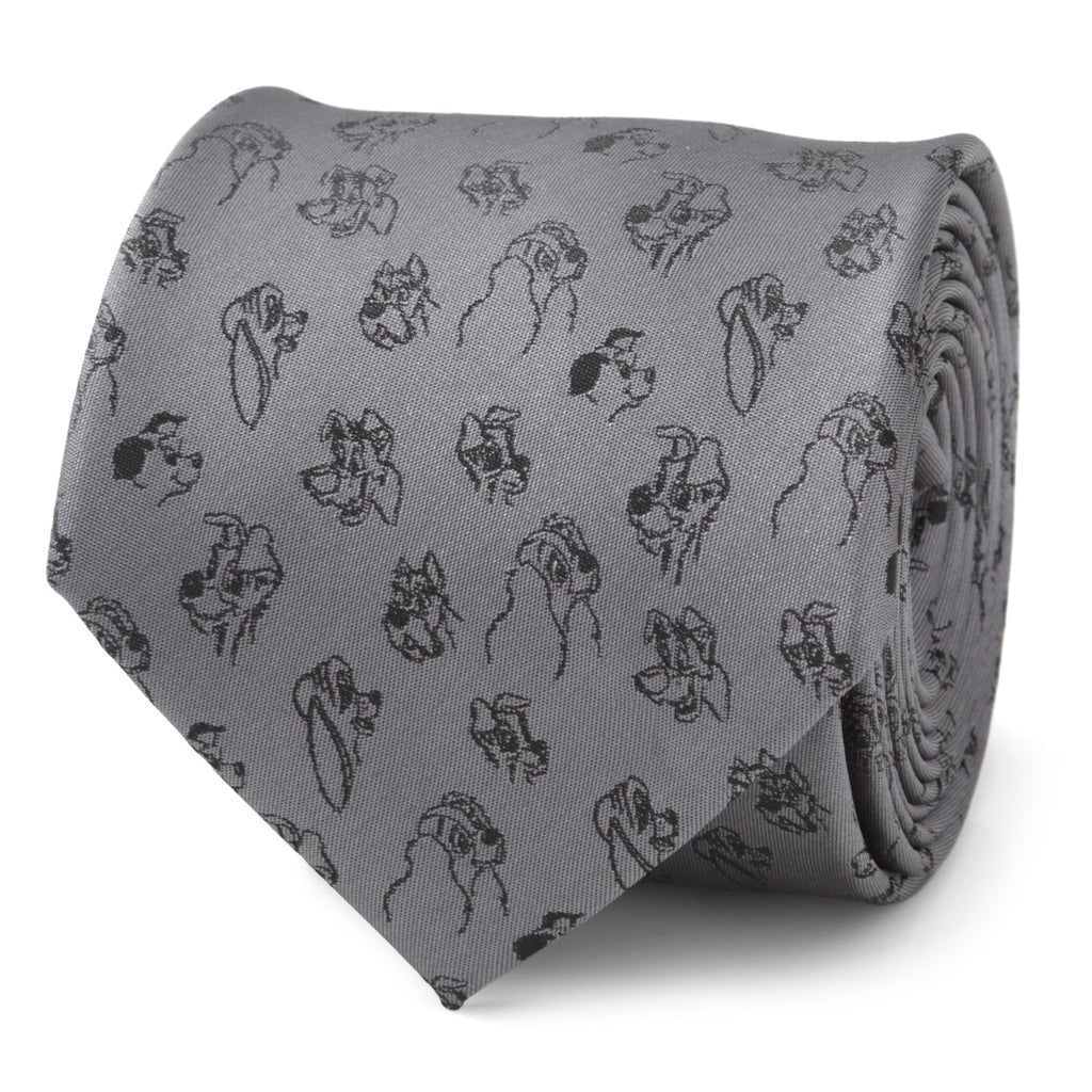 A rolled gray necktie featuring a repeat pattern of various Disney dog characters in black line art.
