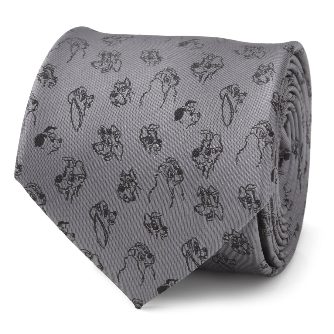 A rolled gray necktie featuring a repeat pattern of various Disney dog characters in black line art.