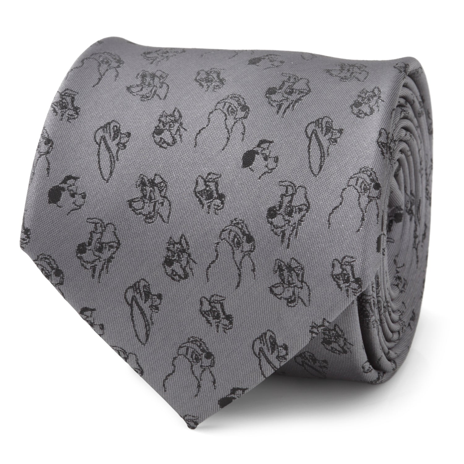 A rolled gray necktie featuring a repeat pattern of various Disney dog characters in black line art.