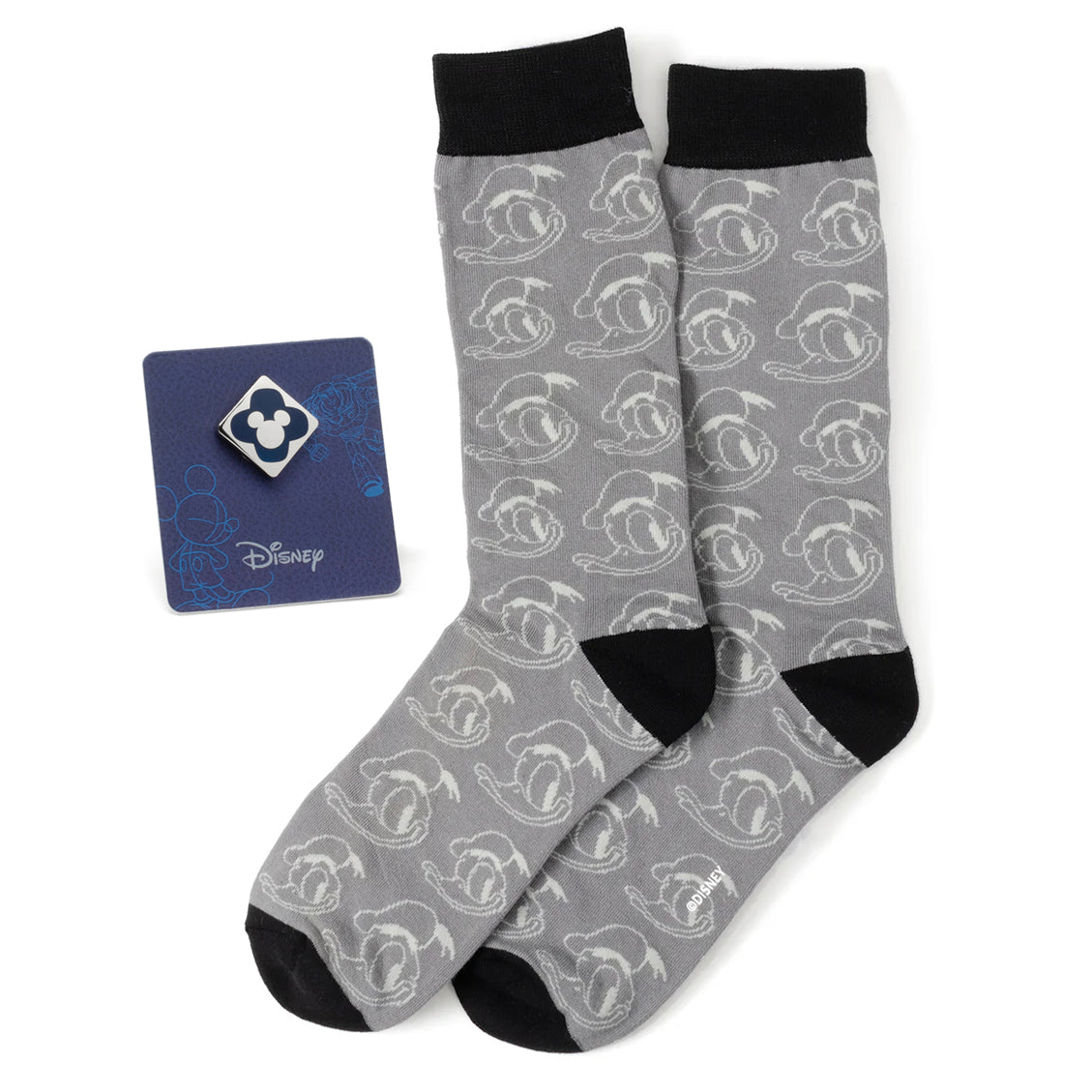 Disney Donald Duck Patterned Gray Socks with Mickey Mouse Lapel Pin
